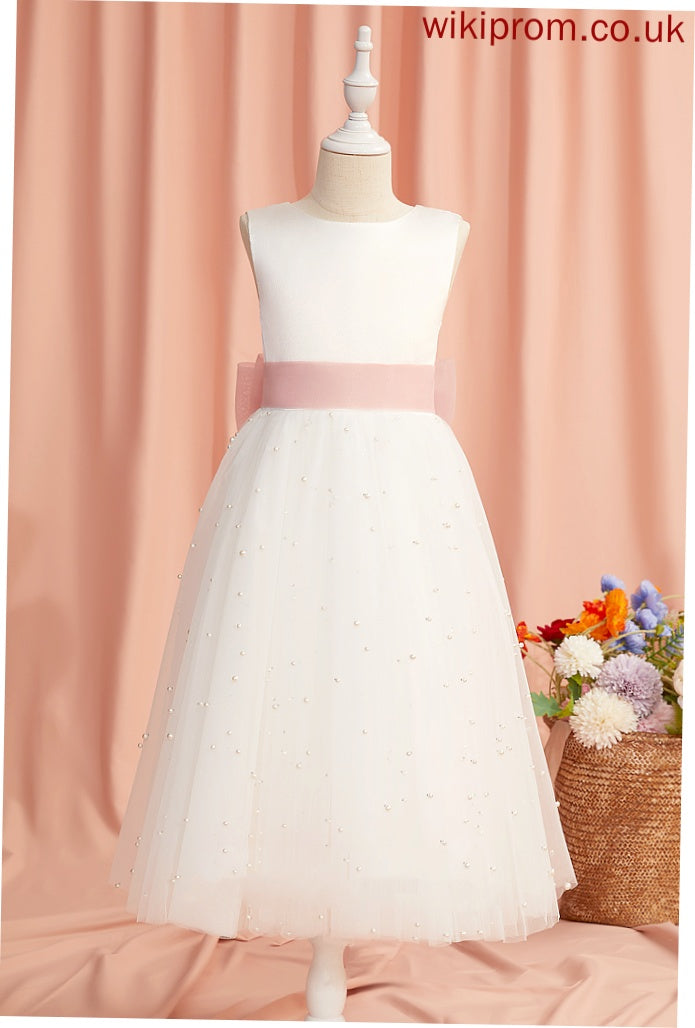 Dress Back - Satin/Tulle Cassidy Tea-length Neck Flower Girl Sleeveless Scoop Flower Girl Dresses With Sash/Bow(s)/V A-Line