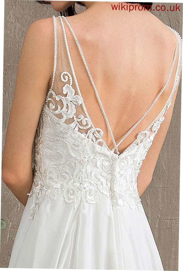 Chiffon Split Train With Wedding Dresses Beading Sweep Cierra A-Line Sequins Wedding Front Dress V-neck Lace