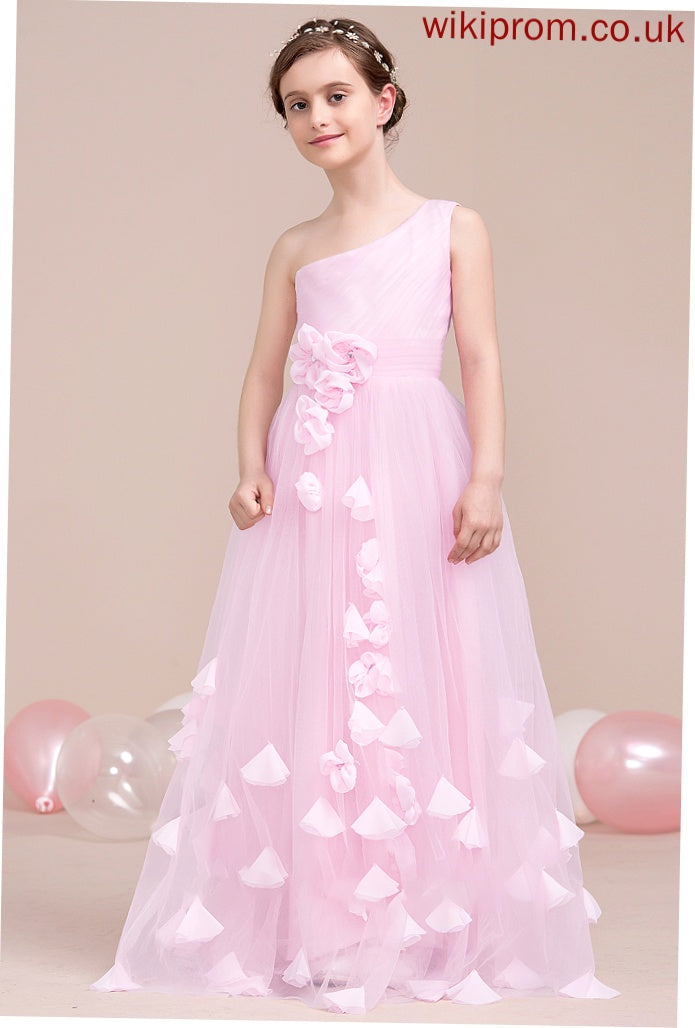 Tulle One-Shoulder Floor-Length A-Line Junior Bridesmaid Dresses With Ruffle Athena Flower(s)