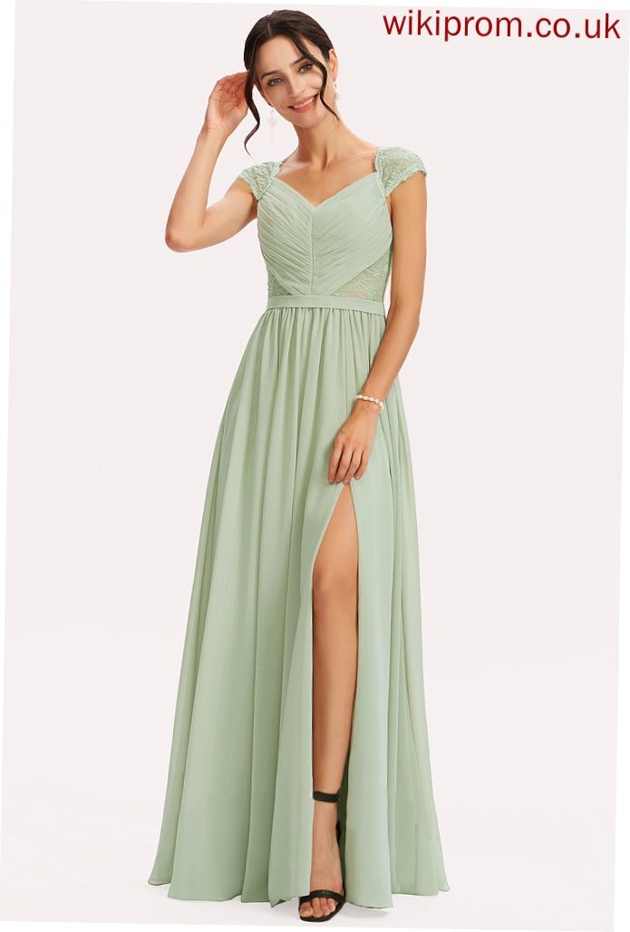 Neckline V-neck Fabric Floor-Length SplitFront Silhouette Embellishment A-Line Lace Length Angelique A-Line/Princess Bridesmaid Dresses