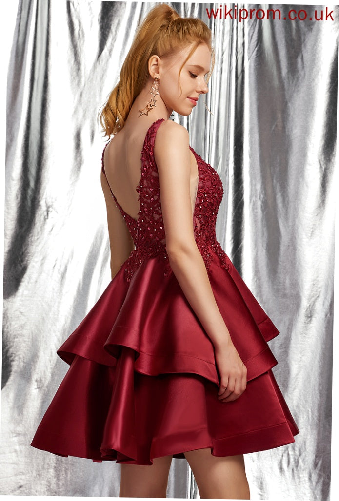 Beading Lace With Homecoming Satin Tina V-neck Homecoming Dresses Short/Mini Sequins Dress A-Line