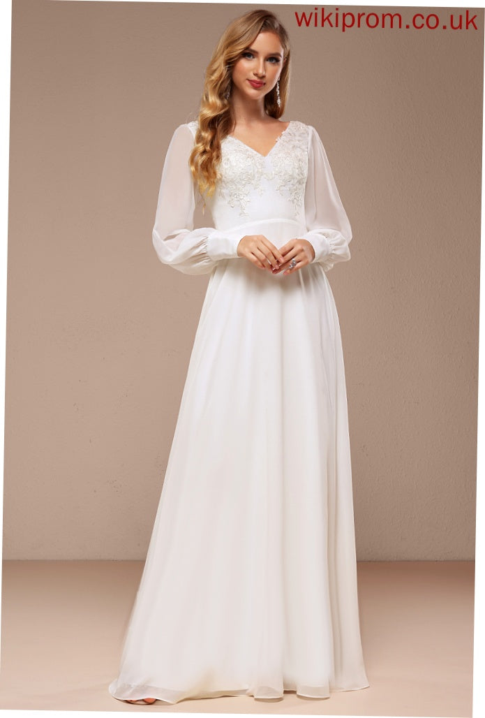 Chiffon Lace Sequins A-Line With Dress Wedding Carly Floor-Length Wedding Dresses V-neck