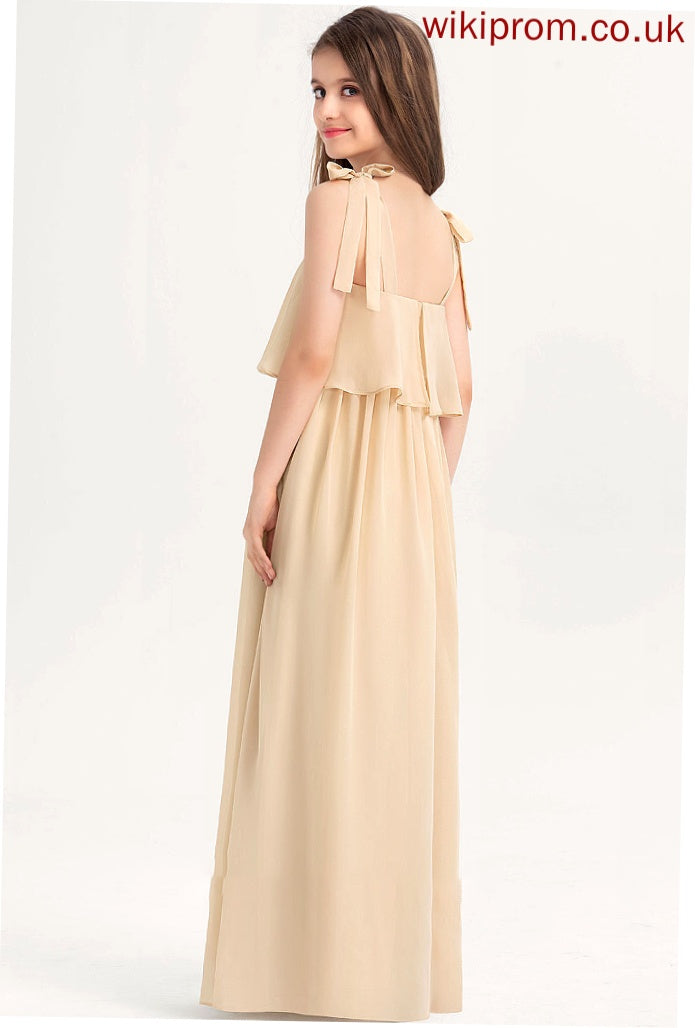 With Chiffon Ruffles Neckline Kendall Square Floor-Length Cascading Junior Bridesmaid Dresses Bow(s) A-Line