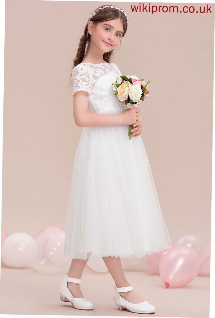 Scoop Junior Bridesmaid Dresses Neck Tulle A-Line Callie Tea-Length