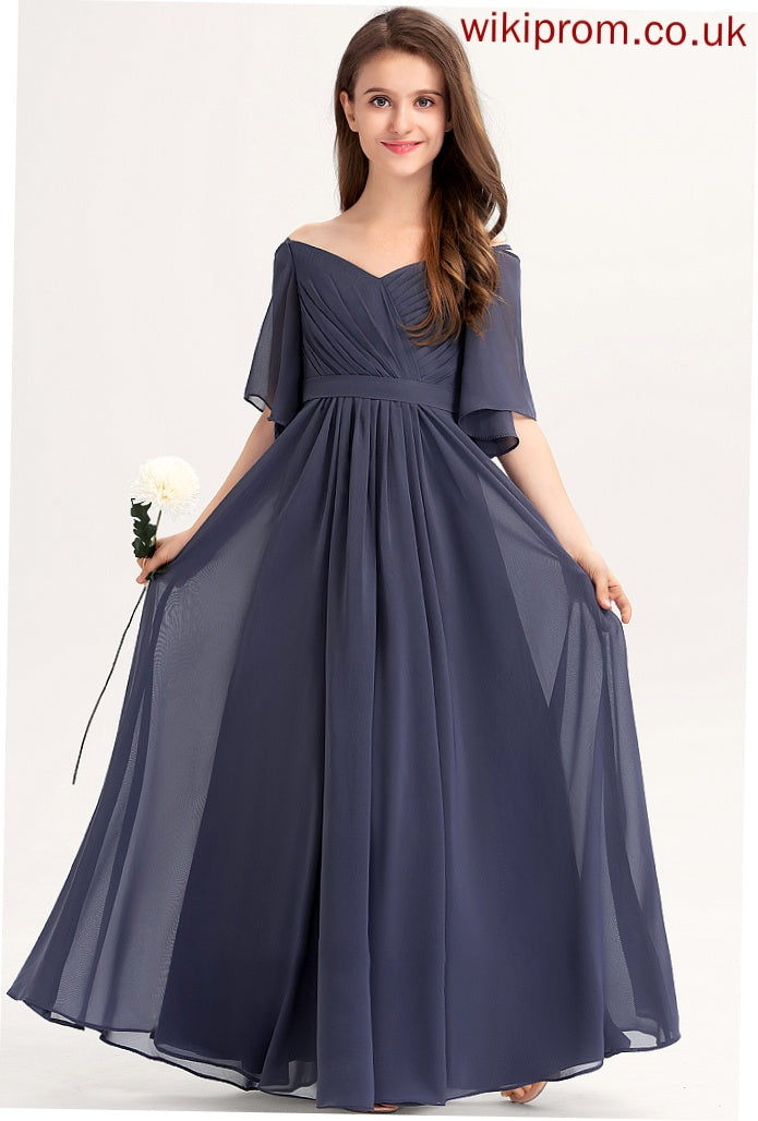 Maci Bow(s) Junior Bridesmaid Dresses Ruffle A-Line Off-the-Shoulder Floor-Length Chiffon With