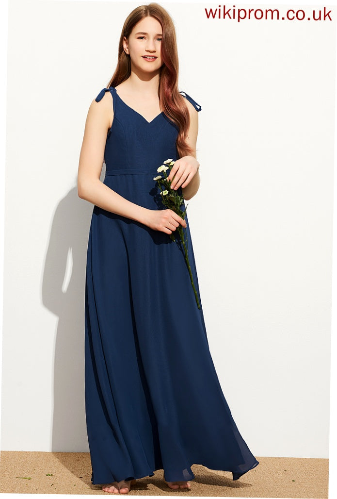 With Cameron Chiffon V-neck A-Line Bow(s) Junior Bridesmaid Dresses Floor-Length