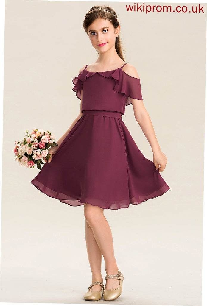 Off-the-Shoulder Junior Bridesmaid Dresses Chiffon Cascading With Knee-Length Bow(s) Ruffles Annika A-Line