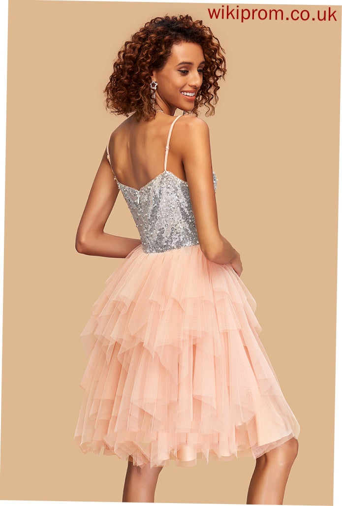 Tulle Homecoming Eve Square A-Line Dress Knee-Length Sequins Homecoming Dresses With Neckline