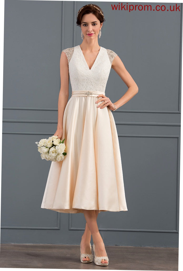 Satin Wedding Lace A-Line Jewel Wedding Dresses V-neck Tea-Length With Sequins Beading Dress