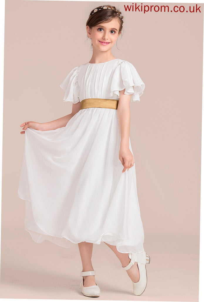 A-Line Neck Scoop Junior Bridesmaid Dresses Chiffon With Ruffle Sash Amiah Tea-Length