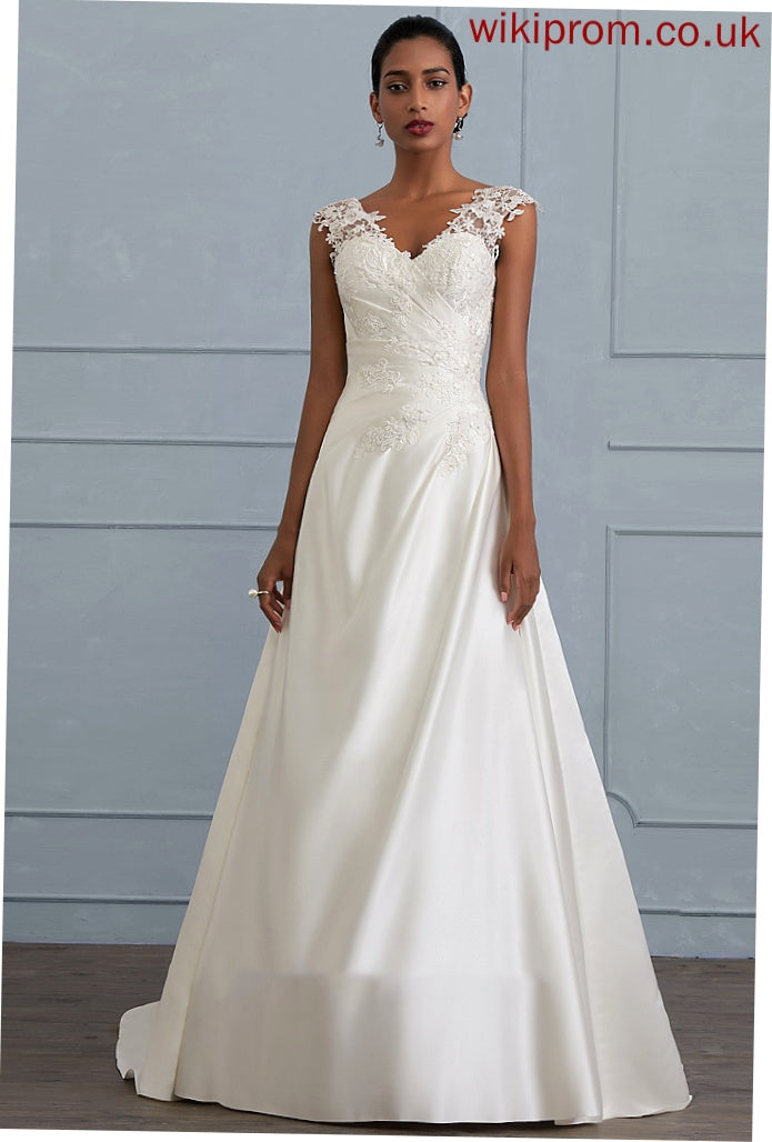 Beading Ruffle Kenzie Train V-neck Sequins Satin With Sweep Ball-Gown/Princess Wedding Dresses Dress Wedding Lace