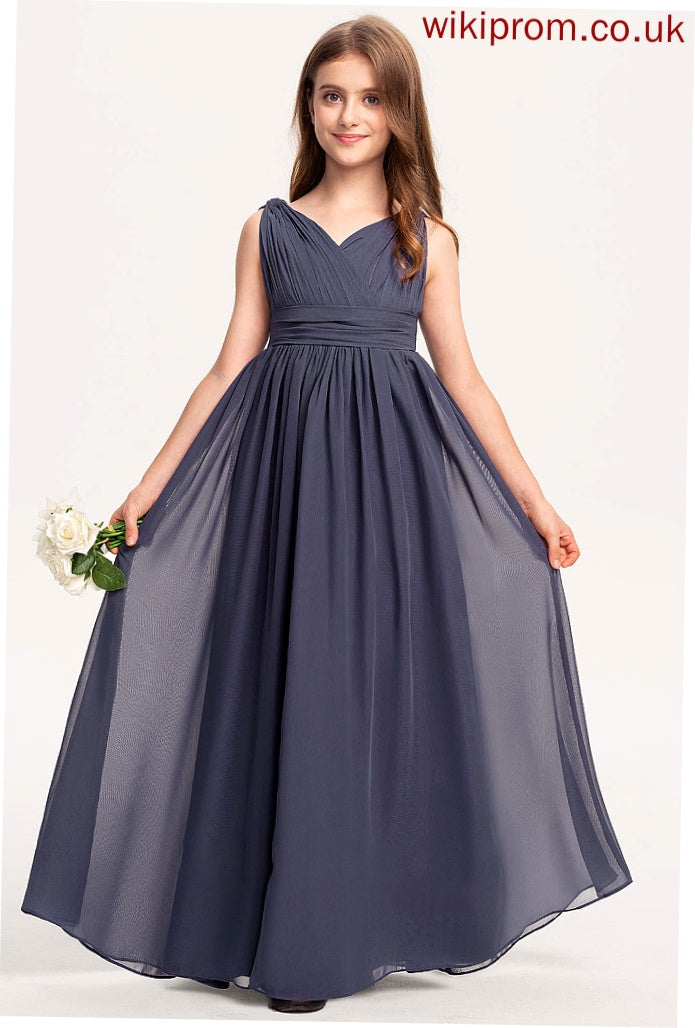 Ruffle Floor-Length Izabelle Junior Bridesmaid Dresses A-Line Chiffon V-neck With