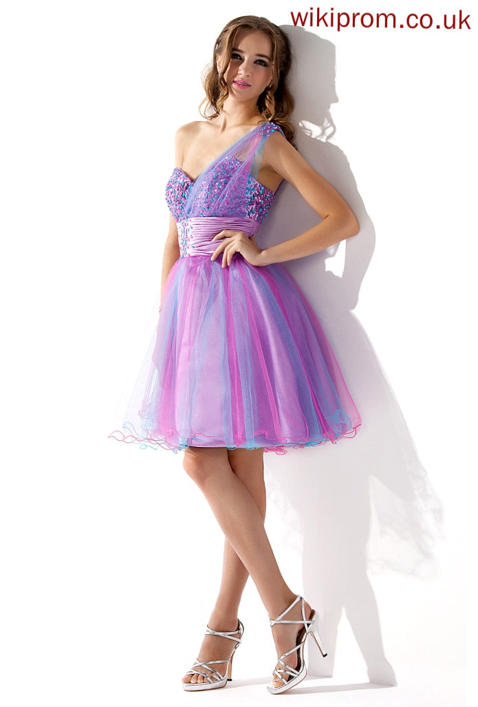 A-Line With One-Shoulder Short/Mini Beading Homecoming Dresses Tulle Sequins Homecoming Ruffle Dress Nathaly