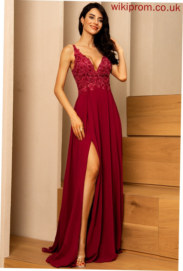 Prom Dresses A-Line With Kyla Floor-Length V-neck Sequins Chiffon Lace