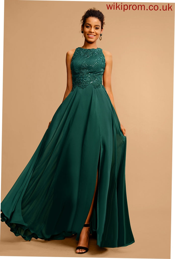 Floor-Length A-Line Scoop Sequins Prom Dresses With Lace Aspen Chiffon