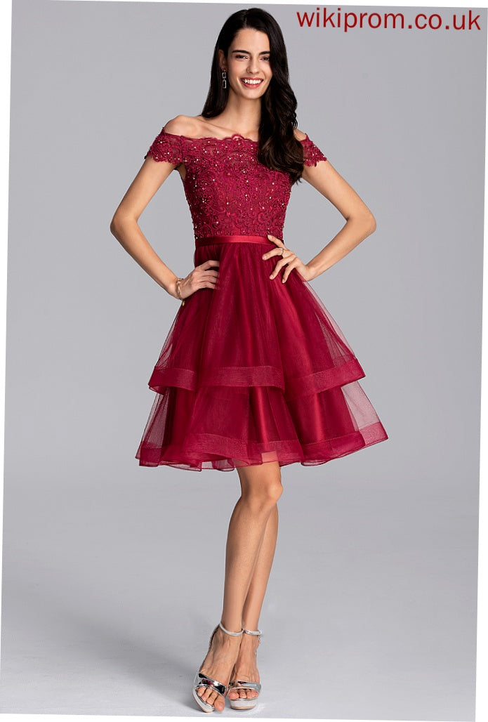 Dress Knee-Length A-Line Homecoming Dresses Lace Kristina Sequins With Tulle Beading Off-the-Shoulder Homecoming