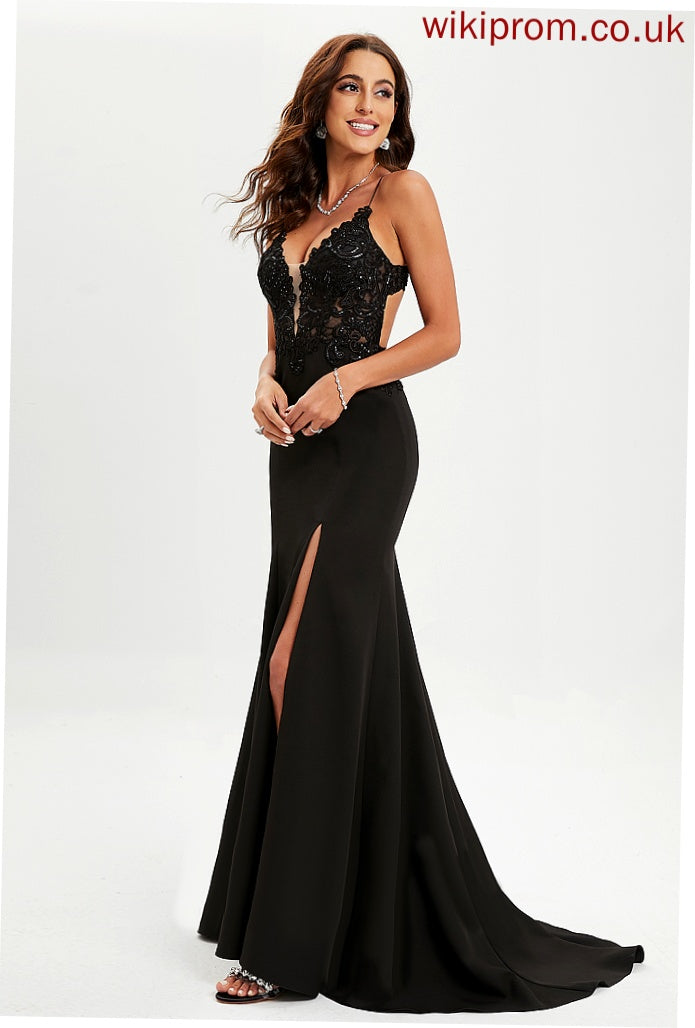 With Trumpet/Mermaid Crepe Stretch Lace V-neck Miranda Sweep Sequins Train Prom Dresses