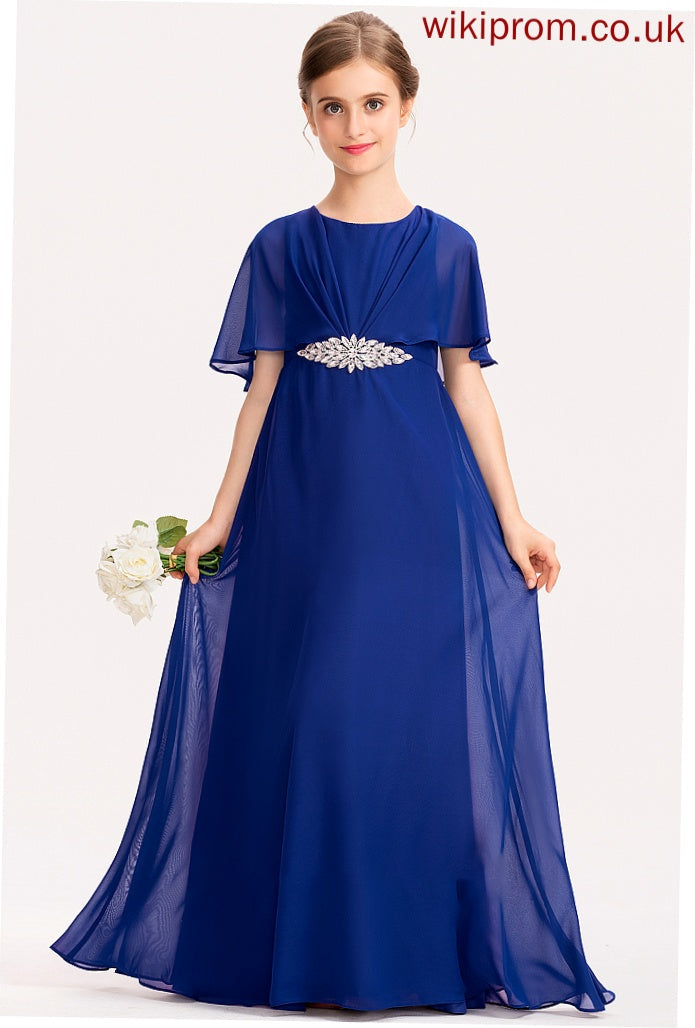 Scoop Junior Bridesmaid Dresses Chiffon Ruffle A-Line Floor-Length Zion Neck With Beading