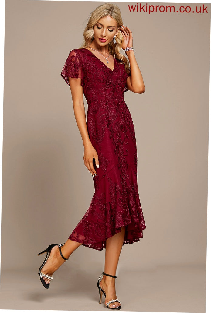 Cocktail Asymmetrical Dress V-neck Trumpet/Mermaid Shaniya Lace Cocktail Dresses