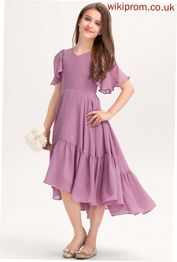 Asymmetrical Chiffon V-neck Ruffles Diamond With Cascading A-Line Junior Bridesmaid Dresses