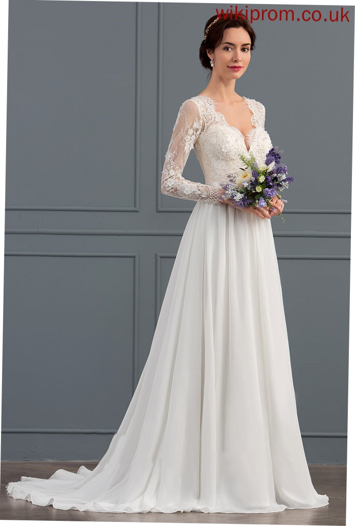 Chiffon Sweep A-Line Wedding Dresses Train V-neck Wedding Christine Sequins Beading Lace With Dress