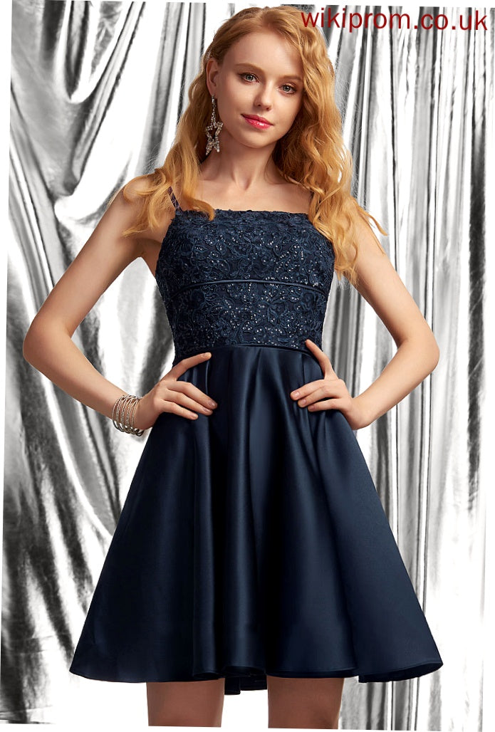 A-Line Maren Satin Square Neckline Homecoming Dresses With Homecoming Short/Mini Lace Dress