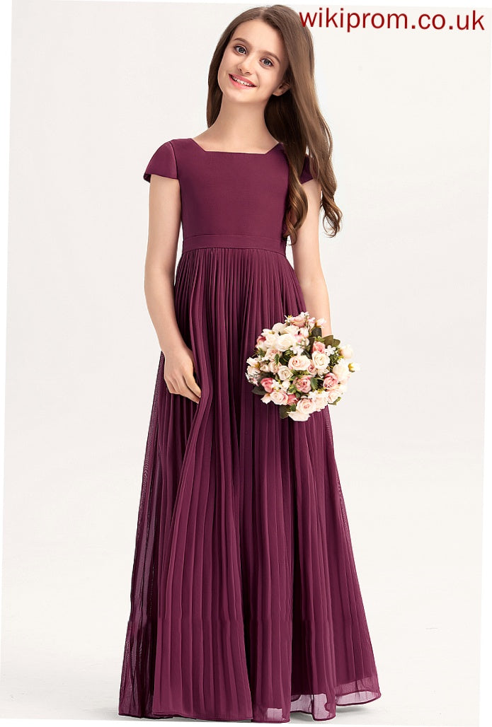 Pleated Junior Bridesmaid Dresses With Lace Bow(s) Gertrude Chiffon Square A-Line Floor-Length Neckline