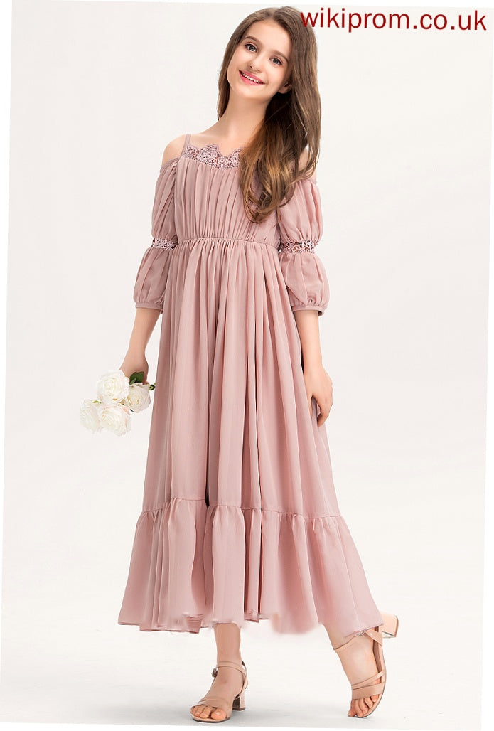 With Junior Bridesmaid Dresses Ruffle Lace Gabriela Chiffon A-Line Ankle-Length Square Neckline