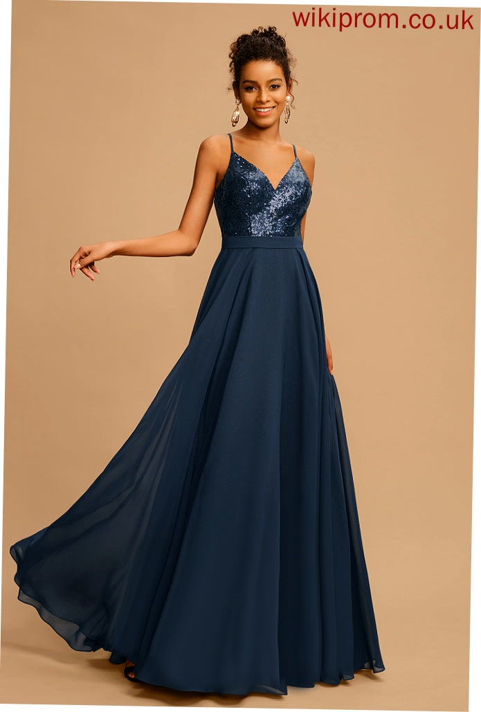 Prom Dresses Zara V-neck With Floor-Length Sequins Chiffon A-Line Sequined