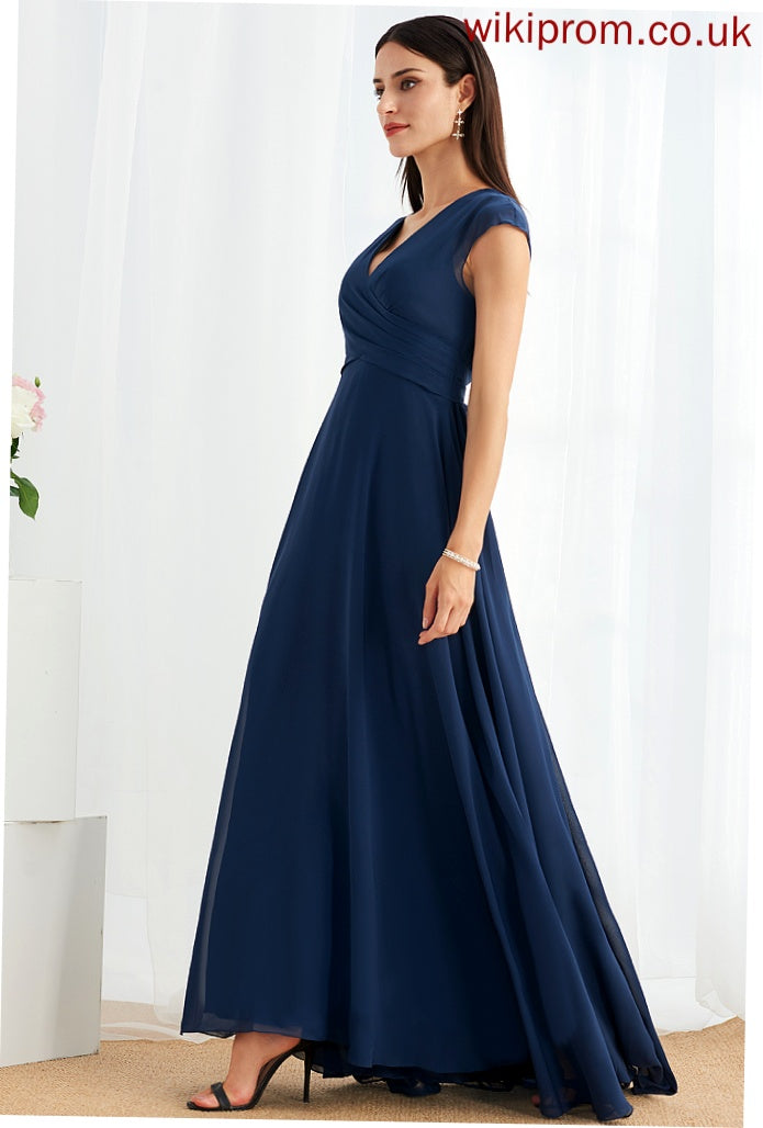 A-Line Ruffle Length Fabric V-neck Floor-Length Embellishment Silhouette Neckline Tia Natural Waist Sleeveless Bridesmaid Dresses