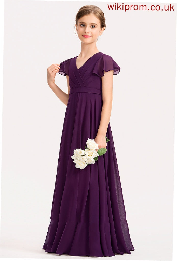 Bow(s) A-Line With Cascading Ruffles Floor-Length Junior Bridesmaid Dresses V-neck Chiffon Lizeth