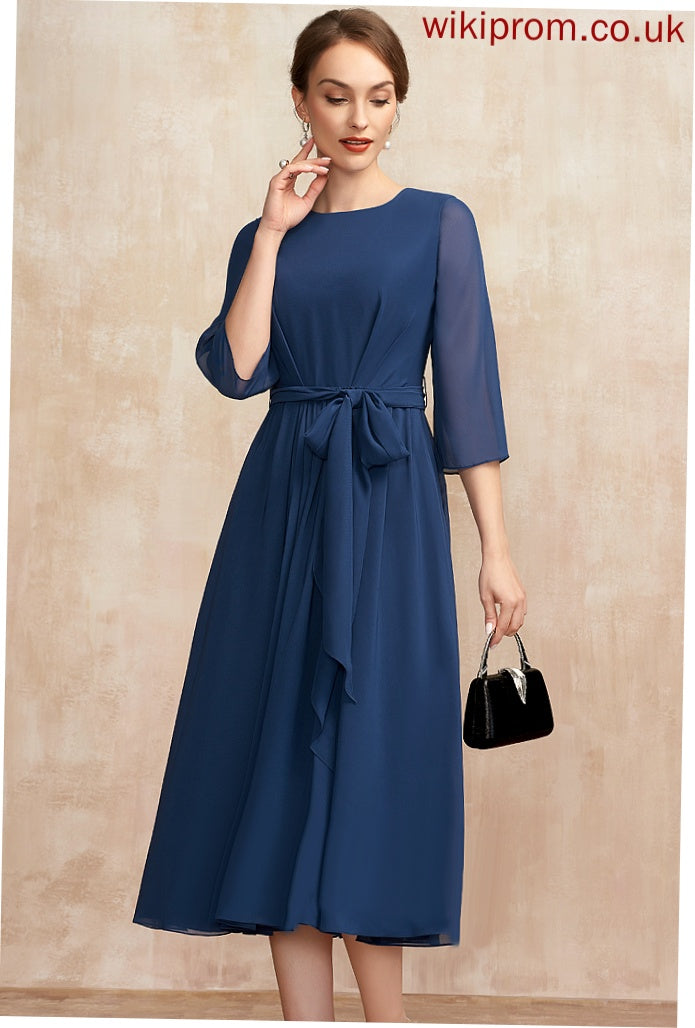 Bow(s) Cocktail Scoop Dress Tea-Length With Ruffle Chiffon Neck Cocktail Dresses A-Line Evelin