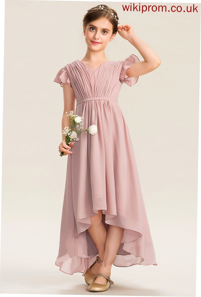 Asymmetrical Ruffles Bow(s) With Junior Bridesmaid Dresses Regina V-neck Cascading Chiffon A-Line