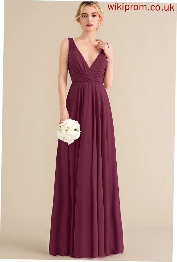 Chiffon A-Line Emelia Pleated Floor-Length Prom Dresses V-neck With