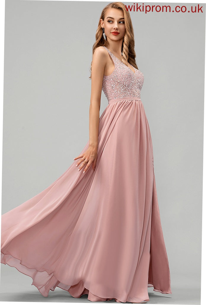 Sequins Floor-Length Hillary V-neck Chiffon A-Line With Beading Prom Dresses