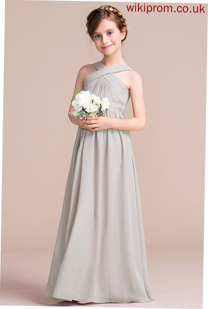 Ruffle Junior Bridesmaid Dresses A-Line Bow(s) Hailee Floor-Length With V-neck Chiffon