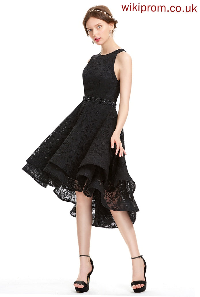 A-Line Asymmetrical Scoop Lace Kimora Beading Lace Homecoming Dresses Neck With Homecoming Dress