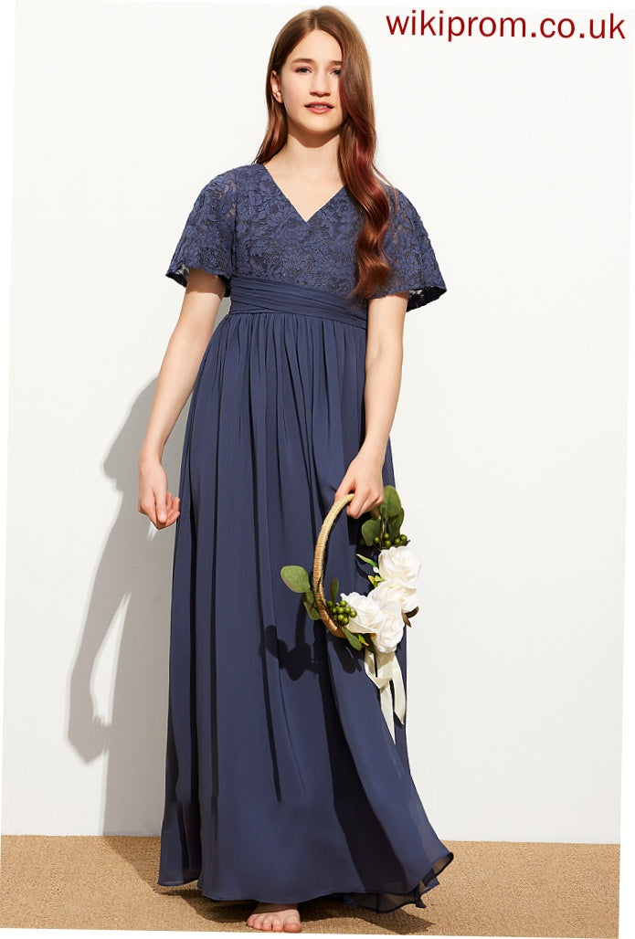 Chiffon Junior Bridesmaid Dresses A-Line With Bow(s) V-neck Floor-Length Marcie Lace