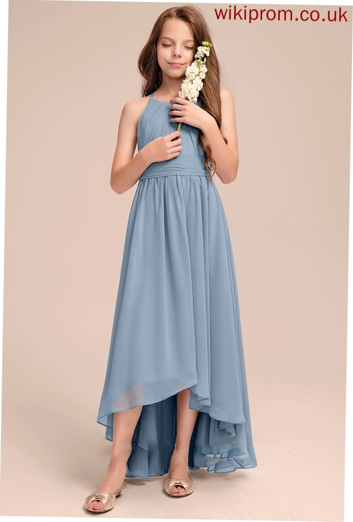 With Ruffle Frederica Junior Bridesmaid Dresses A-Line Bow(s) Neck Asymmetrical Chiffon Scoop