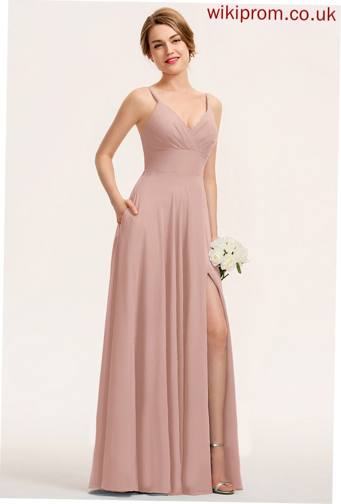 With Floor-Length Pleated V-neck Anabelle A-Line Chiffon Prom Dresses