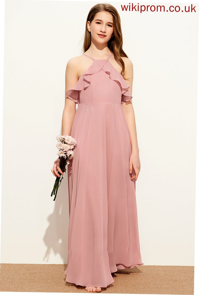 Neckline Alexis A-Line Ruffles With Floor-Length Chiffon Square Cascading Junior Bridesmaid Dresses