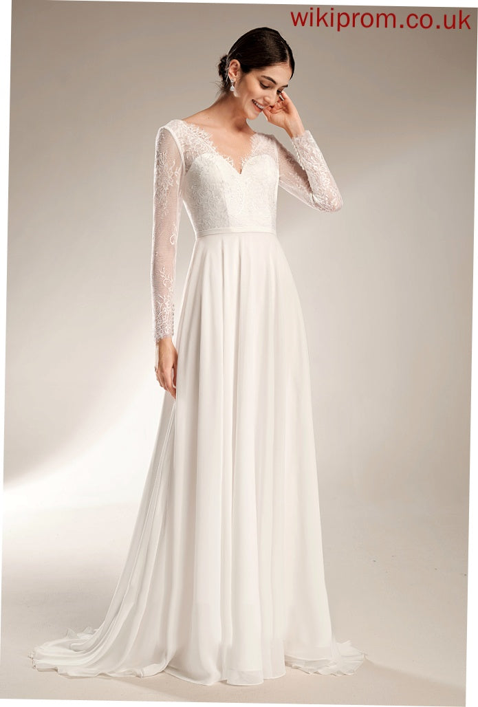 Wedding Wedding Dresses Sweep V-neck Marianna Chiffon Dress Lace A-Line Train