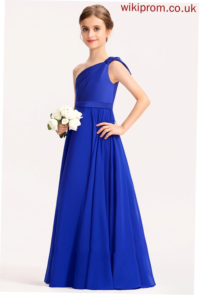 A-Line Floor-Length Ruffle One-Shoulder With Charmeuse Pru Chiffon Junior Bridesmaid Dresses