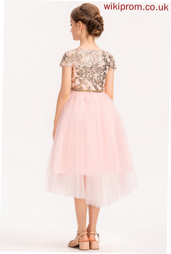 Tulle With Asymmetrical Sequins Neck Junior Bridesmaid Dresses A-Line Scoop Madisyn