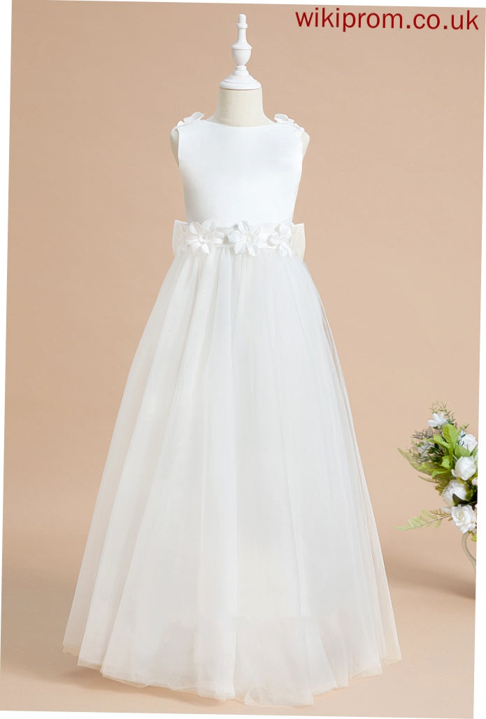 Flower(s)/Bow(s) Girl Satin/Tulle Neck Scoop Dress With A-Line Flower Girl Dresses Floor-length Sleeveless Flower Lacey -