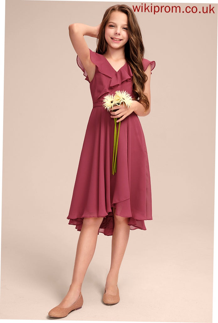 Ruffles With Josephine Cascading Junior Bridesmaid Dresses Chiffon A-Line V-neck Asymmetrical