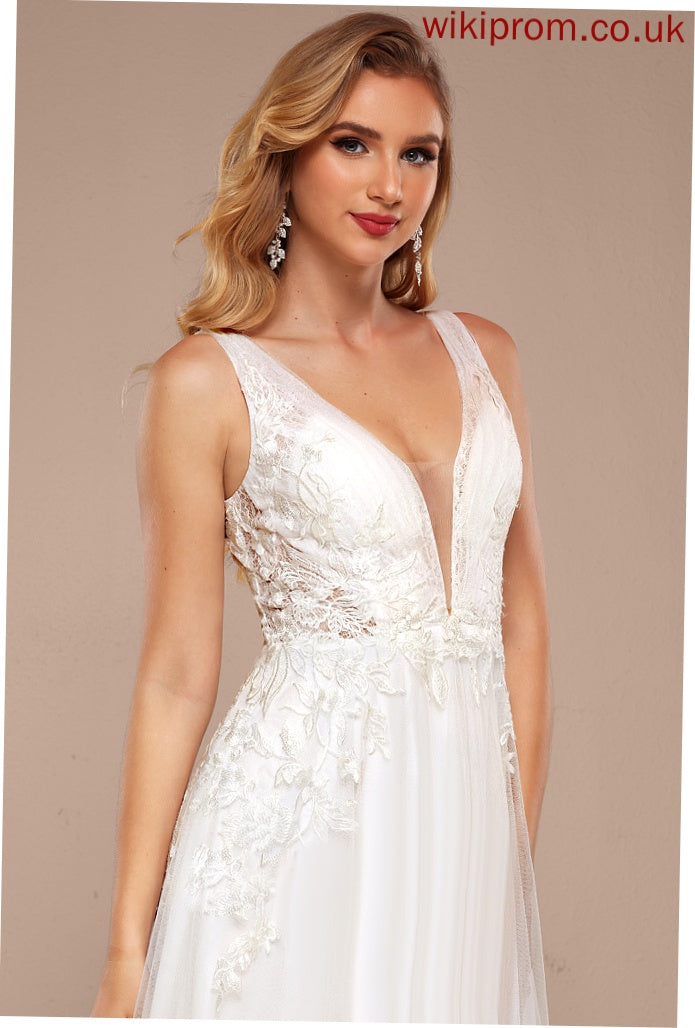 Wedding Dresses Tulle Wedding With Train Dress Sequins Lace A-Line Sweep V-neck Olivia