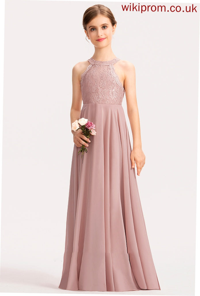 A-Line Lace Junior Bridesmaid Dresses Jaida Neck Chiffon Floor-Length Scoop