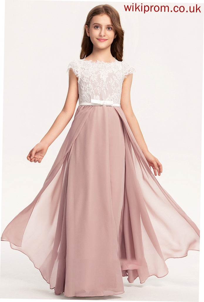 Bow(s) Neck Junior Bridesmaid Dresses A-Line Lace Chiffon Floor-Length Madisyn With Scoop