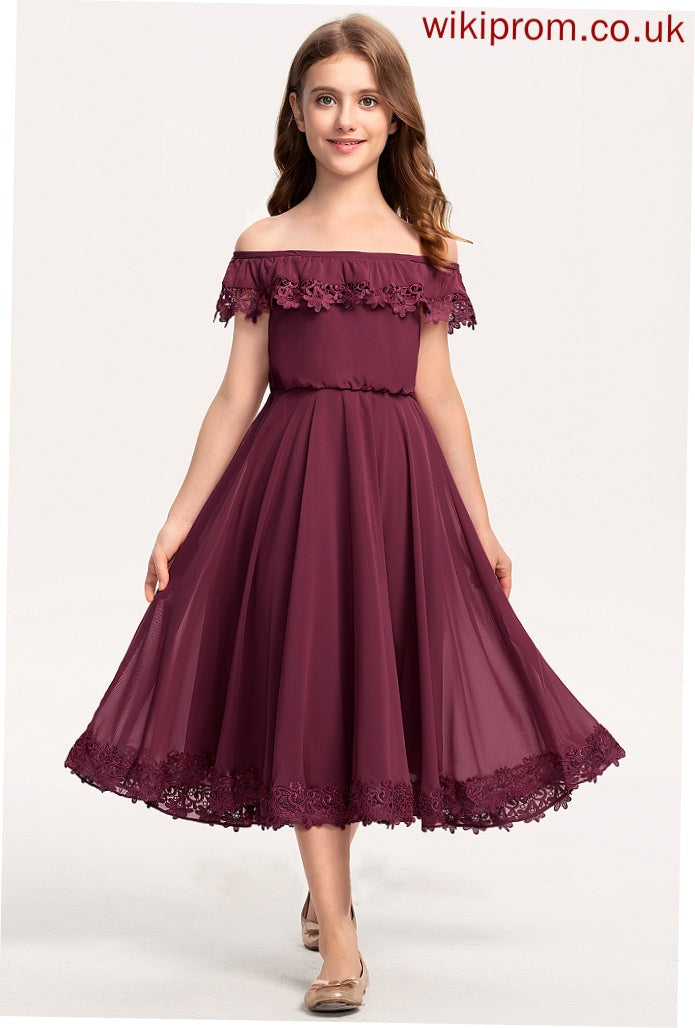 Tea-Length Off-the-Shoulder Junior Bridesmaid Dresses A-Line Lace Chiffon Ellen